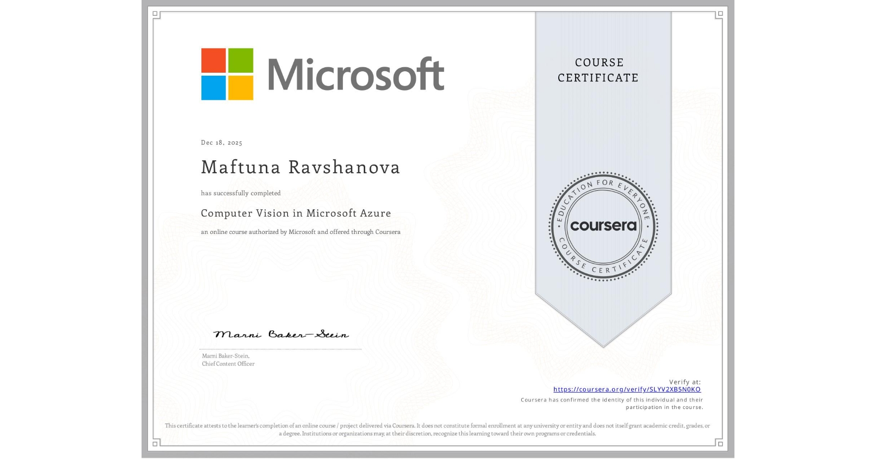 View certificate for Kamronbek Sobirov , Data Mining , offered through Coursera. The Data Mining Specialization teaches data mining techniques for both structured data which conform to a clearly defined schema, and unstructured data which exist in the form of natural language text. Specific course topics include pattern discovery, clustering, text retrieval, text mining and analytics, and data visualization. The Capstone project task is to solve real-world data mining challenges using a restaurant review data set from Yelp.